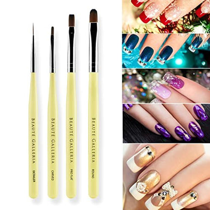 Beaute Galleria 4-Piece UV Gel Nail Art Brush Set – Pro Flat, Carved, Detailer, Round for Fine Line, Detailer, Outline, Striping, Polygel Nails, Gel Sculpting, Nail Tips