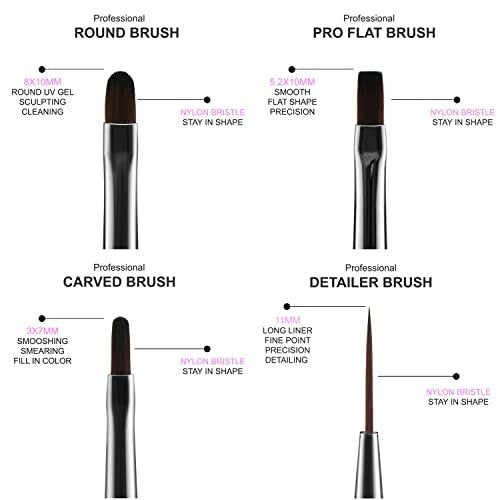Beaute Galleria 4-Piece UV Gel Nail Art Brush Set – Pro Flat, Carved, Detailer, Round for Fine Line, Detailer, Outline, Striping, Polygel Nails, Gel Sculpting, Nail Tips - görsel 6