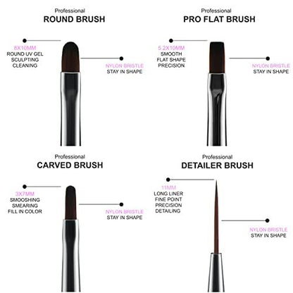 Beaute Galleria 4-Piece UV Gel Nail Art Brush Set – Pro Flat, Carved, Detailer, Round for Fine Line, Detailer, Outline, Striping, Polygel Nails, Gel Sculpting, Nail Tips