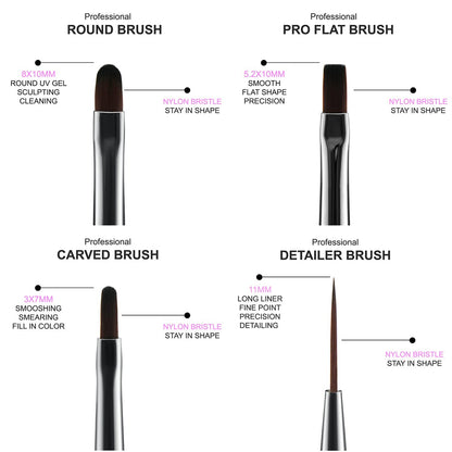 Beaute Galleria 4-Piece UV Gel Nail Art Brush Set – Pro Flat, Carved, Detailer, Round for Fine Line, Detailer, Outline, Striping, Polygel Nails, Gel Sculpting, Nail Tips