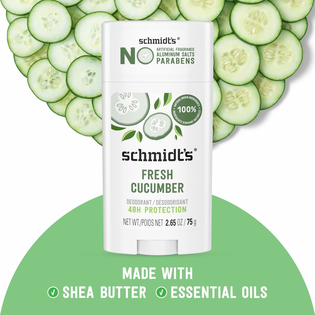 Schmidt's Aluminum-Free Vegan Deodorant Fresh Cucumber - Natural 24 Hour Odor Protection for Women and Men, 2.65 oz Avelisse