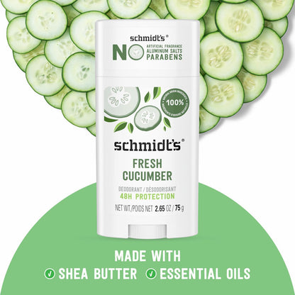 Schmidt's Aluminum-Free Vegan Deodorant Fresh Cucumber - Natural 24 Hour Odor Protection for Women and Men, 2.65 oz Avelisse