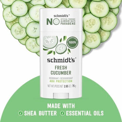 Schmidt's Aluminum-Free Vegan Deodorant Fresh Cucumber - Natural 24 Hour Odor Protection for Women and Men, 2.65 oz Avelisse