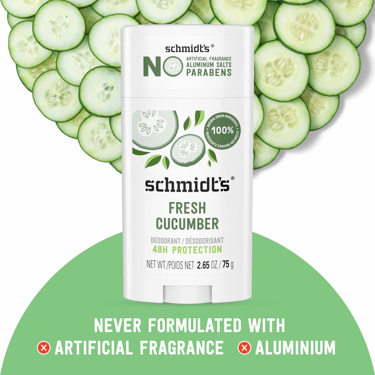 Schmidt's Aluminum-Free Vegan Deodorant Fresh Cucumber - Natural 24 Hour Odor Protection for Women and Men, 2.65 oz Avelisse