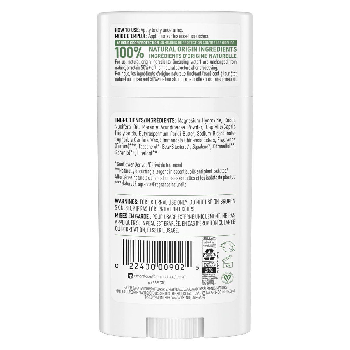 Schmidt's Aluminum-Free Vegan Deodorant Fresh Cucumber - Natural 24 Hour Odor Protection for Women and Men, 2.65 oz Avelisse
