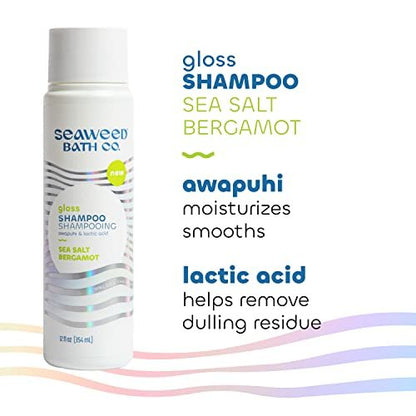 Seaweed Bath Co. Gloss Shampoo - Sea Salt Bergamot Scent, 12 oz - Sustainably Harvested Seaweed, Awapuhi & Lactic Acid for All Hair Types Avelisse