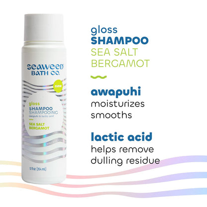 Seaweed Bath Co. Gloss Shampoo - Sea Salt Bergamot Scent, 12 oz - Sustainably Harvested Seaweed, Awapuhi & Lactic Acid for All Hair Types Avelisse
