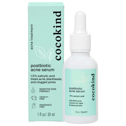 Cocokind Postbiotic Acne Serum with Salicylic Acid - BHA Liquid Exfoliant for Acne-Prone Skin, Brightening & Hydrating Face Serum, 1 Fl Oz