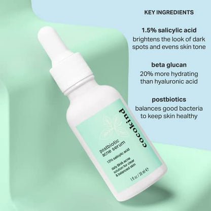Cocokind Postbiotic Acne Serum with Salicylic Acid - BHA Liquid Exfoliant for Acne-Prone Skin, Brightening & Hydrating Face Serum, 1 Fl Oz