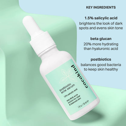 Cocokind Postbiotic Acne Serum with Salicylic Acid - BHA Liquid Exfoliant for Acne-Prone Skin, Brightening & Hydrating Face Serum, 1 Fl Oz