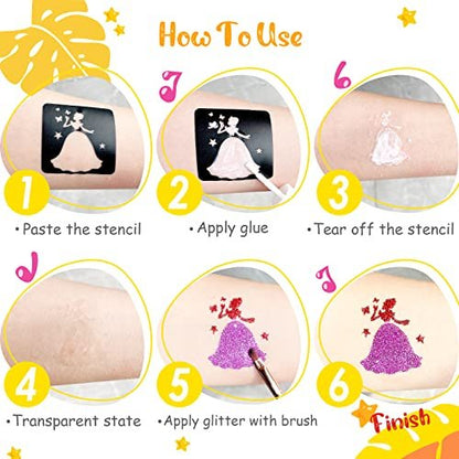Eleanore's Diary 31 Glitter Colors Temporary Glitter Tattoo Kit for Kids – 165 Unique Stencils, Glue & Brushes – Arts & Crafts Makeup Set for Girls, Boys, Birthday Parties, Summer Festivals Avelisse