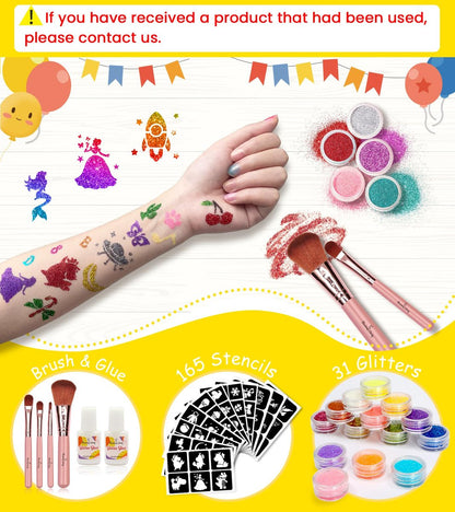Eleanore's Diary 31 Glitter Colors Temporary Glitter Tattoo Kit for Kids – 165 Unique Stencils, Glue & Brushes – Arts & Crafts Makeup Set for Girls, Boys, Birthday Parties, Summer Festivals Avelisse