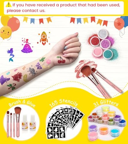 Eleanore's Diary 31 Glitter Colors Temporary Glitter Tattoo Kit for Kids – 165 Unique Stencils, Glue & Brushes – Arts & Crafts Makeup Set for Girls, Boys, Birthday Parties, Summer Festivals Avelisse