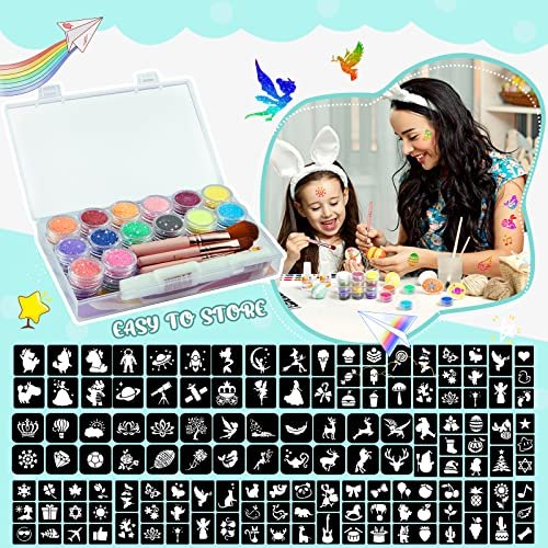 Eleanore's Diary 31 Glitter Colors Temporary Glitter Tattoo Kit for Kids – 165 Unique Stencils, Glue & Brushes – Arts & Crafts Makeup Set for Girls, Boys, Birthday Parties, Summer Festivals Avelisse