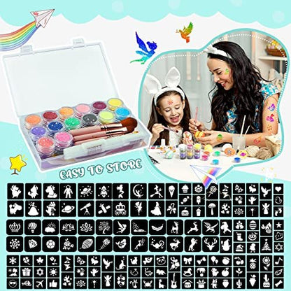 Eleanore's Diary 31 Glitter Colors Temporary Glitter Tattoo Kit for Kids – 165 Unique Stencils, Glue & Brushes – Arts & Crafts Makeup Set for Girls, Boys, Birthday Parties, Summer Festivals Avelisse