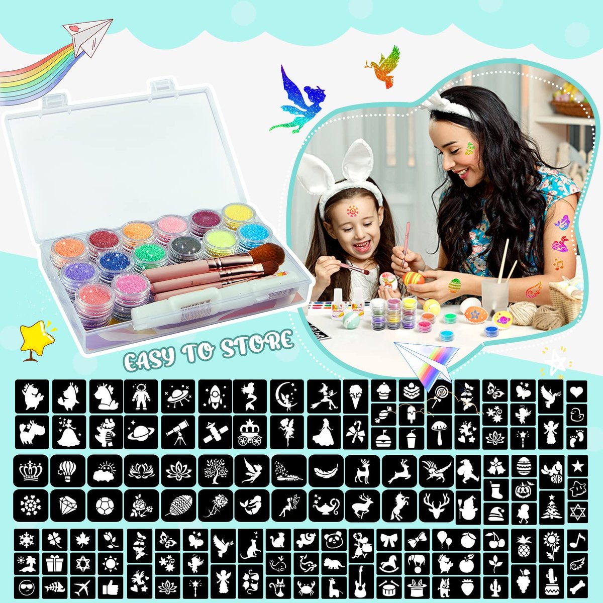 Eleanore's Diary 31 Glitter Colors Temporary Glitter Tattoo Kit for Kids – 165 Unique Stencils, Glue & Brushes – Arts & Crafts Makeup Set for Girls, Boys, Birthday Parties, Summer Festivals Avelisse