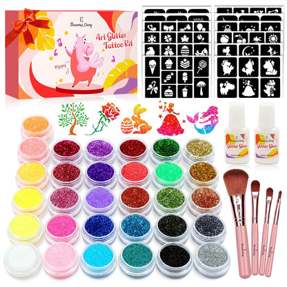 Eleanore's Diary 31 Glitter Colors Temporary Glitter Tattoo Kit for Kids – 165 Unique Stencils, Glue & Brushes – Arts & Crafts Makeup Set for Girls, Boys, Birthday Parties, Summer Festivals Avelisse