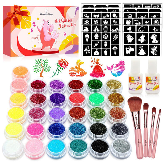 Eleanore's Diary 31 Glitter Colors Temporary Glitter Tattoo Kit for Kids – 165 Unique Stencils, Glue & Brushes – Arts & Crafts Makeup Set for Girls, Boys, Birthday Parties, Summer Festivals Avelisse
