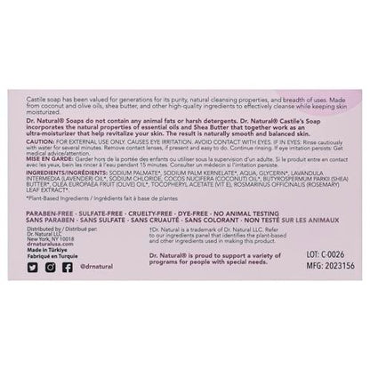 Dr. Natural Castile Bar Soap - Lavender Multipurpose Soap for Face, Body & Hair - Sensitive Skin Friendly, Anti-Acne, 2-Pack (4 oz each)