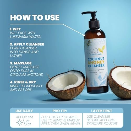 Eva Naturals Coconut & Honey Foaming Face Wash – Gentle Hydrating Facial Cleanser for Sensitive & Aging Skin, 6 Fl Oz Avelisse