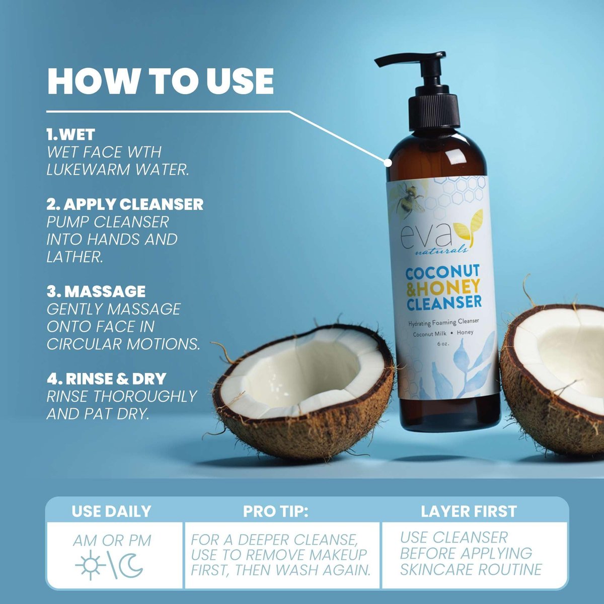 Eva Naturals Coconut & Honey Foaming Face Wash – Gentle Hydrating Facial Cleanser for Sensitive & Aging Skin, 6 Fl Oz Avelisse