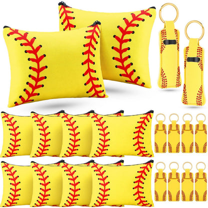 Saintrygo 20 Pieces Softball Cosmetic Bag Set - Portable Neoprene Makeup Bags with Keychain for Women, Girls, Team Players (Yellow)