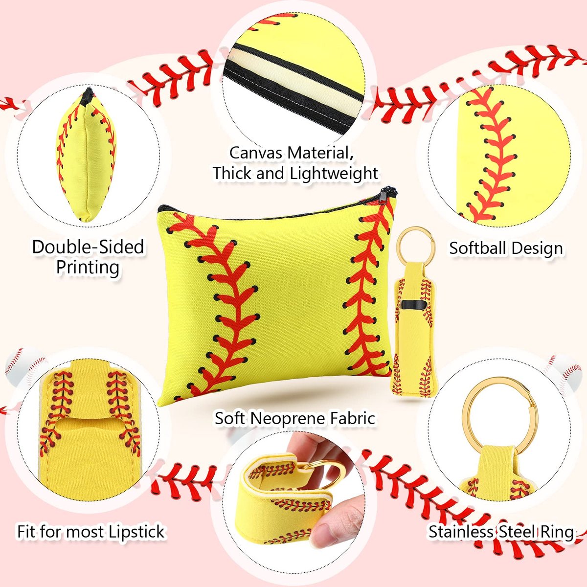 Saintrygo 20 Pieces Softball Cosmetic Bag Set - Portable Neoprene Makeup Bags with Keychain for Women, Girls, Team Players (Yellow) - görsel 5