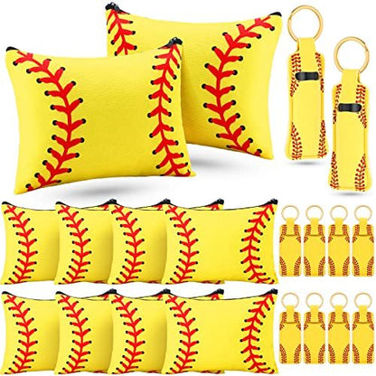 Saintrygo 20 Pieces Softball Cosmetic Bag Set - Portable Neoprene Makeup Bags with Keychain for Women, Girls, Team Players (Yellow)