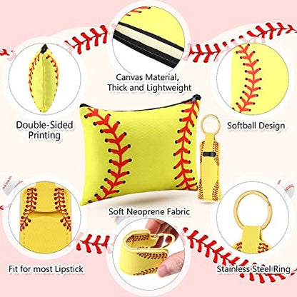 Saintrygo 20 Pieces Softball Cosmetic Bag Set - Portable Neoprene Makeup Bags with Keychain for Women, Girls, Team Players (Yellow)