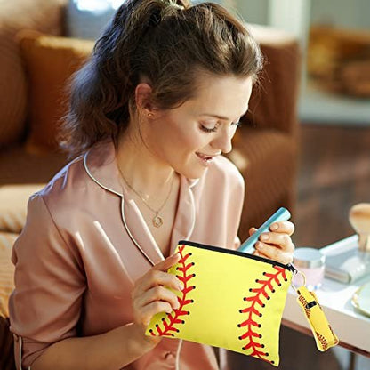 Saintrygo 20 Pieces Softball Cosmetic Bag Set - Portable Neoprene Makeup Bags with Keychain for Women, Girls, Team Players (Yellow)