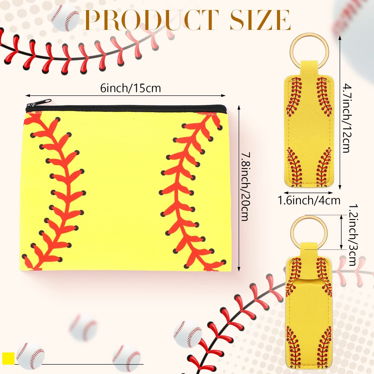 Saintrygo 20 Pieces Softball Cosmetic Bag Set - Portable Neoprene Makeup Bags with Keychain for Women, Girls, Team Players (Yellow) - görsel 3