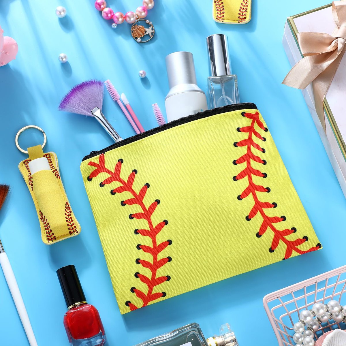 Saintrygo 20 Pieces Softball Cosmetic Bag Set - Portable Neoprene Makeup Bags with Keychain for Women, Girls, Team Players (Yellow) - görsel 9