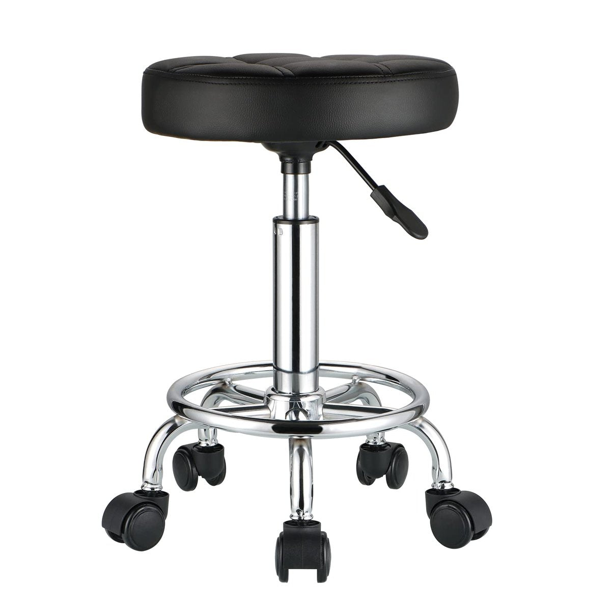 HMTOT Round Rolling Stool with PU Leather Seat - Height Adjustable Swivel Stool on Wheels, Black Avelisse