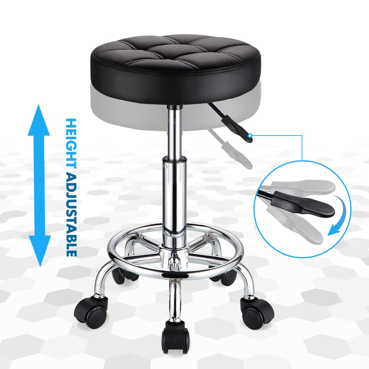 HMTOT Round Rolling Stool with PU Leather Seat - Height Adjustable Swivel Stool on Wheels, Black Avelisse