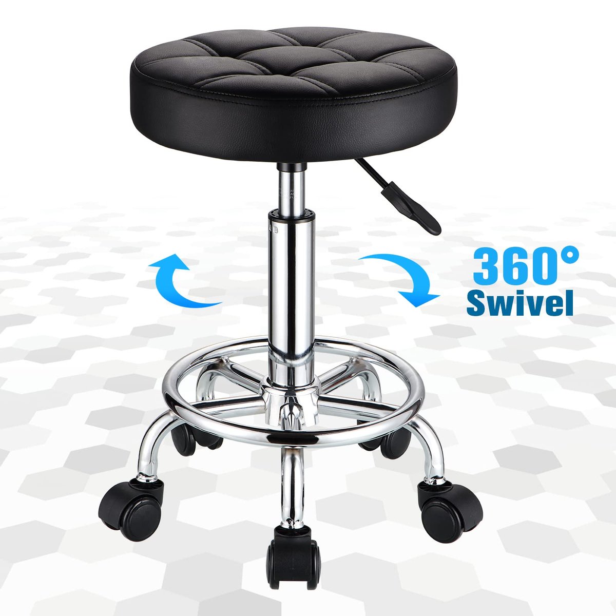HMTOT Round Rolling Stool with PU Leather Seat - Height Adjustable Swivel Stool on Wheels, Black Avelisse