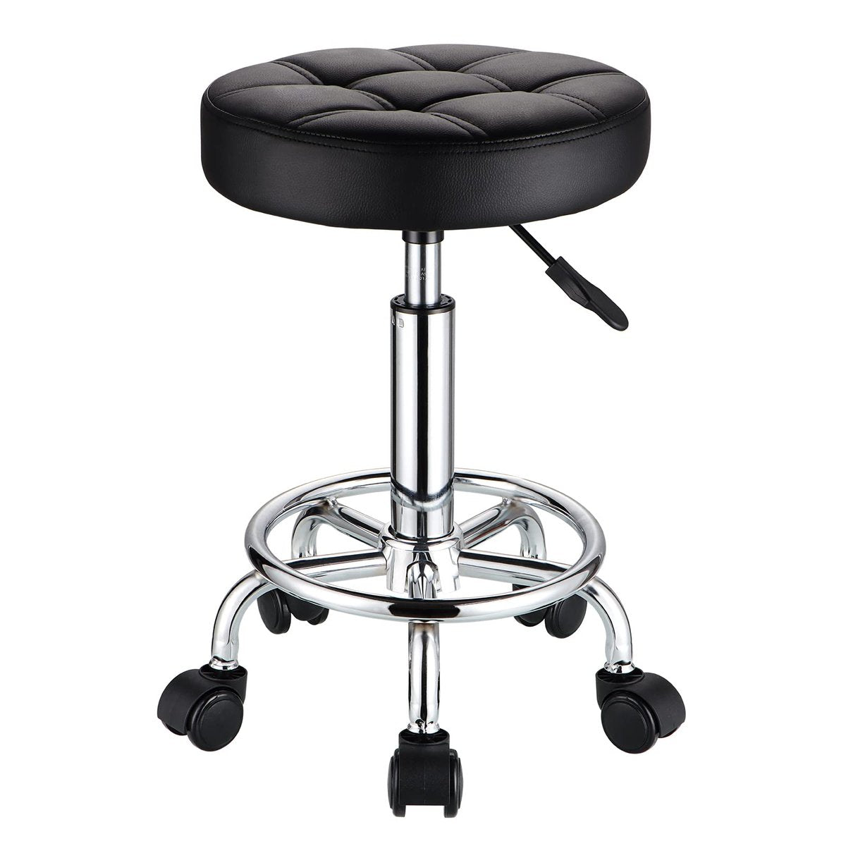 HMTOT Round Rolling Stool with PU Leather Seat - Height Adjustable Swivel Stool on Wheels, Black Avelisse
