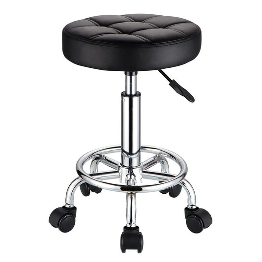HMTOT Round Rolling Stool with PU Leather Seat - Height Adjustable Swivel Stool on Wheels, Black Avelisse