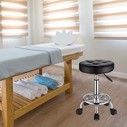 HMTOT Round Rolling Stool with PU Leather Seat - Height Adjustable Swivel Stool on Wheels, Black Avelisse