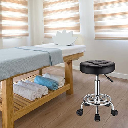 HMTOT Round Rolling Stool with PU Leather Seat - Height Adjustable Swivel Stool on Wheels, Black Avelisse