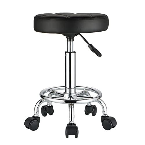 HMTOT Round Rolling Stool with PU Leather Seat - Height Adjustable Swivel Stool on Wheels, Black Avelisse