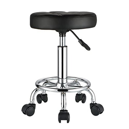 HMTOT Round Rolling Stool with PU Leather Seat - Height Adjustable Swivel Stool on Wheels, Black Avelisse