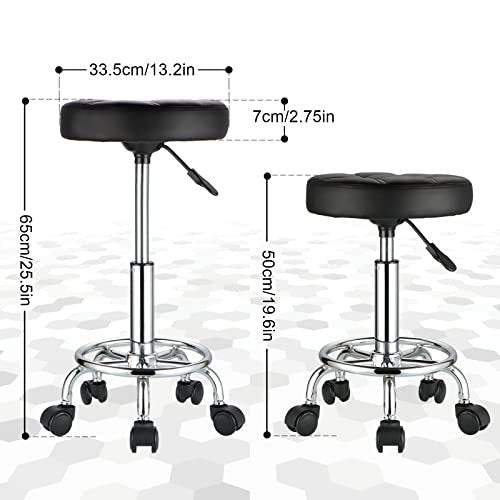 HMTOT Round Rolling Stool with PU Leather Seat - Height Adjustable Swivel Stool on Wheels, Black Avelisse