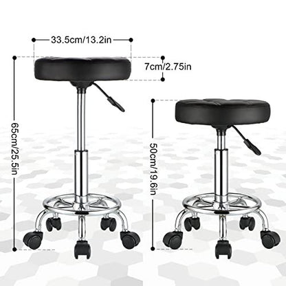 HMTOT Round Rolling Stool with PU Leather Seat - Height Adjustable Swivel Stool on Wheels, Black Avelisse