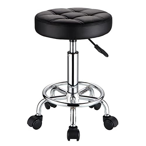 HMTOT Round Rolling Stool with PU Leather Seat - Height Adjustable Swivel Stool on Wheels, Black Avelisse