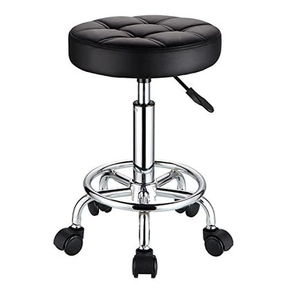 HMTOT Round Rolling Stool with PU Leather Seat - Height Adjustable Swivel Stool on Wheels, Black Avelisse