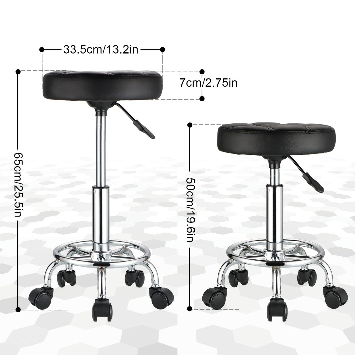 HMTOT Round Rolling Stool with PU Leather Seat - Height Adjustable Swivel Stool on Wheels, Black Avelisse