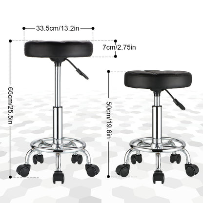 HMTOT Round Rolling Stool with PU Leather Seat - Height Adjustable Swivel Stool on Wheels, Black Avelisse