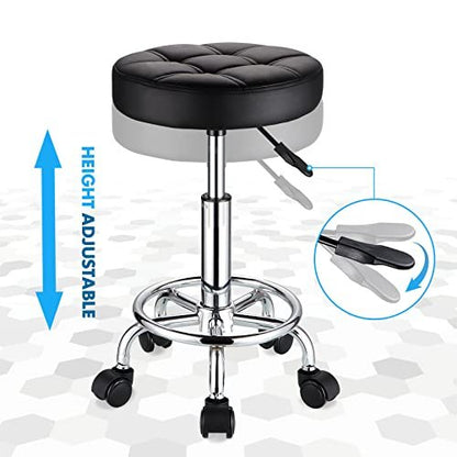 HMTOT Round Rolling Stool with PU Leather Seat - Height Adjustable Swivel Stool on Wheels, Black Avelisse