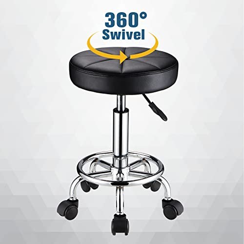 HMTOT Round Rolling Stool with Wheels - Height Adjustable Swivel Stool Chair for Spa, Salon, Massage - Black Avelisse