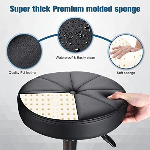 HMTOT Round Rolling Stool with Wheels - Height Adjustable Swivel Stool Chair for Spa, Salon, Massage - Black Avelisse